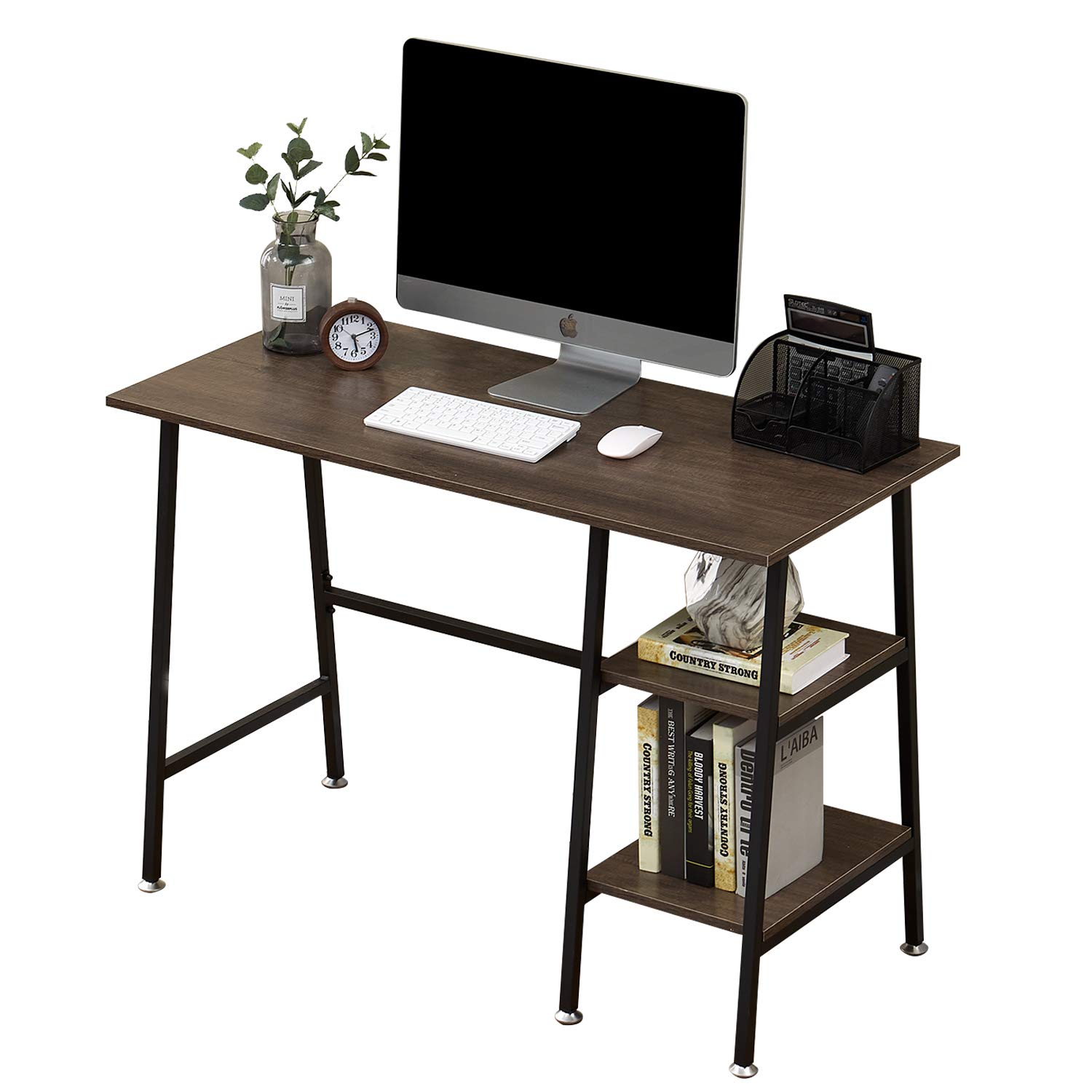 【左右入替可】パソコンデスク 幅110cm 収納ラック付 下棚 ワークデスク 勉強机 学習机 在宅勤務 アジャスター付 コンパクト