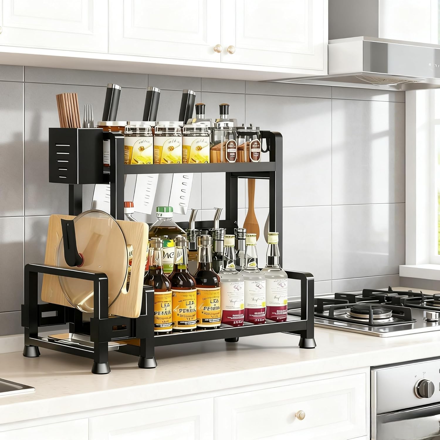 大容量2層調味料ラック 包丁立てと鍋蓋置き付き 省スペース多機能収納