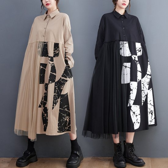 【取寄：納期2週間】シャツワンピース レディース ワンピース ロングワンピース 襟あり レース チュール 切り替え アシンメトリー ゆったり 体型カバー カジュアル お出掛け 長袖 おしゃれ Aライン