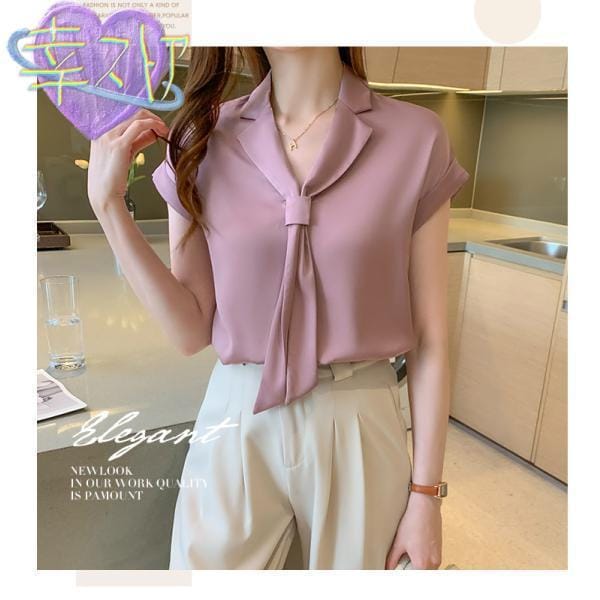 ブラウス レディース シャツ 夏 半袖 Vネック トップス シフォン 白 光沢感 上品 通勤 シルク風 大人 OL オフィス ビジネス オシャレ 30代 40代 50代