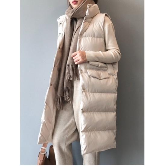 【取寄：納期2週間】ダウンベスト レディース 羽織 アウター ダウン ロング丈 ベスト シンプル 無地 ノースリーブ スタンドカラー 防寒 暖かい 秋冬 カジュアル お出掛け アウトドア