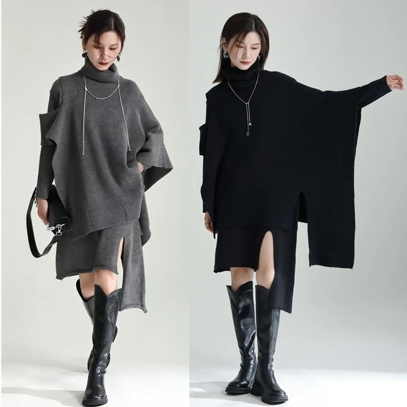 【J.Fashion】ニットワンピ マントカバー＋ワンピ 2セット 不規則デザイン スリット レディース ワンピース ドレス ロングワンピース メガ割