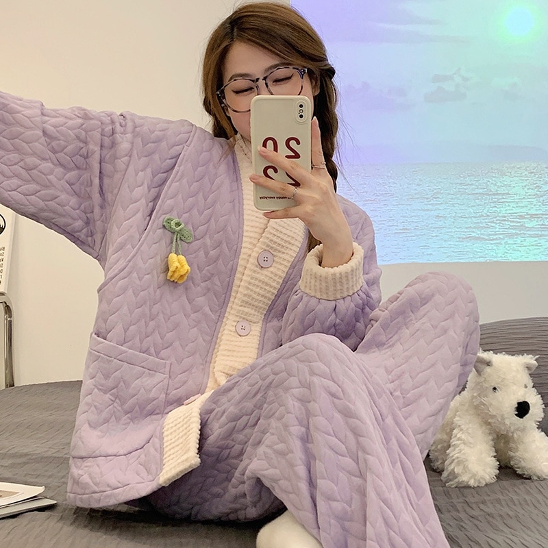 ウェア空気綿月子服秋天パジャマ女性冬モデル2点セット綿挟み 5,401円