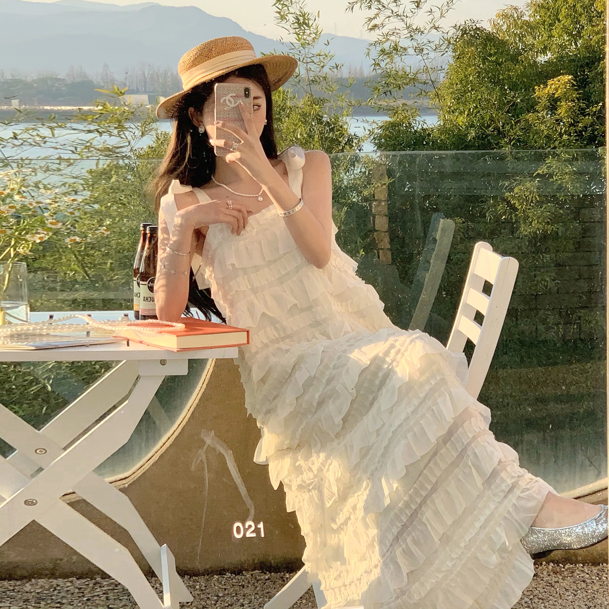 レディース ワンピース ショルダー リボン フリル ロングワンピース ティアードワンピース リゾート Iライン ノースリーブ 大人可愛い ママコーデ ママファッション 韓国系
