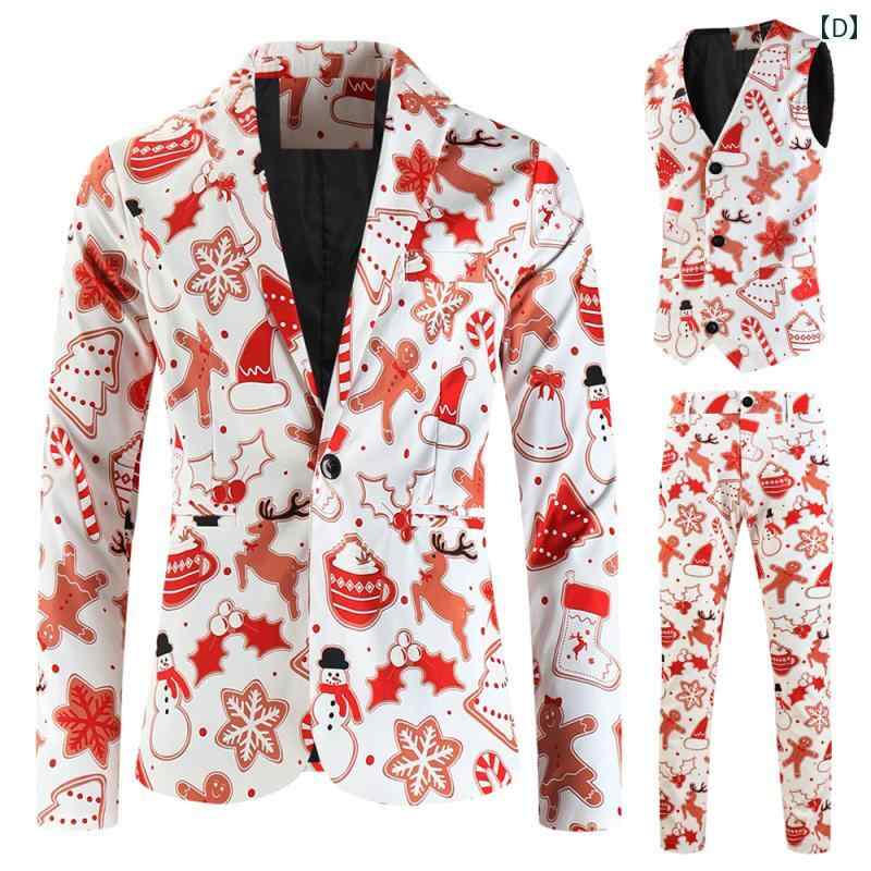 クリスマス メンズ スーツ 3点 セット 冬 ベスト パンツ スリム ジャケット ポップ 総柄 ユニーク ホスト イベント