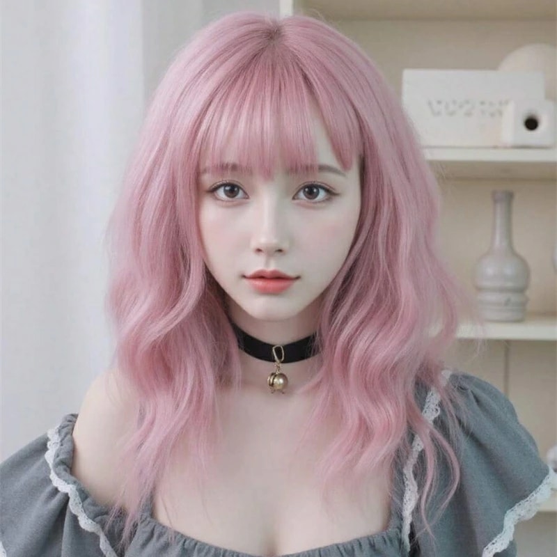 ピンクミディフルウィッグ×前髪あり35cm/14in耐熱自然仕上げ可愛いウィッグ普段使いOK