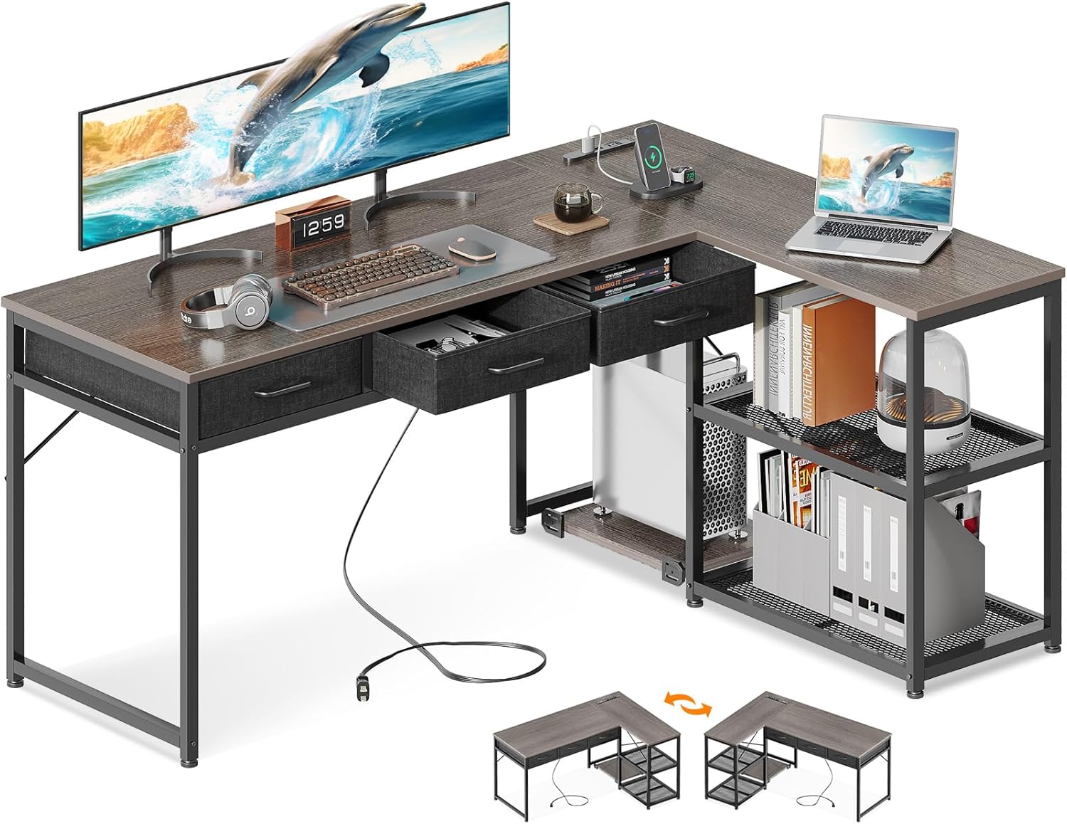 ゲーミングデスク 引き出し3杯付き パソコンデスク コンセント付き l字デスク デスク 机 幅155 pcデスク 棚付き エル字デスク 収納 コーナーデスク オフィスデスク 在宅勤務 仕事用 組立簡単