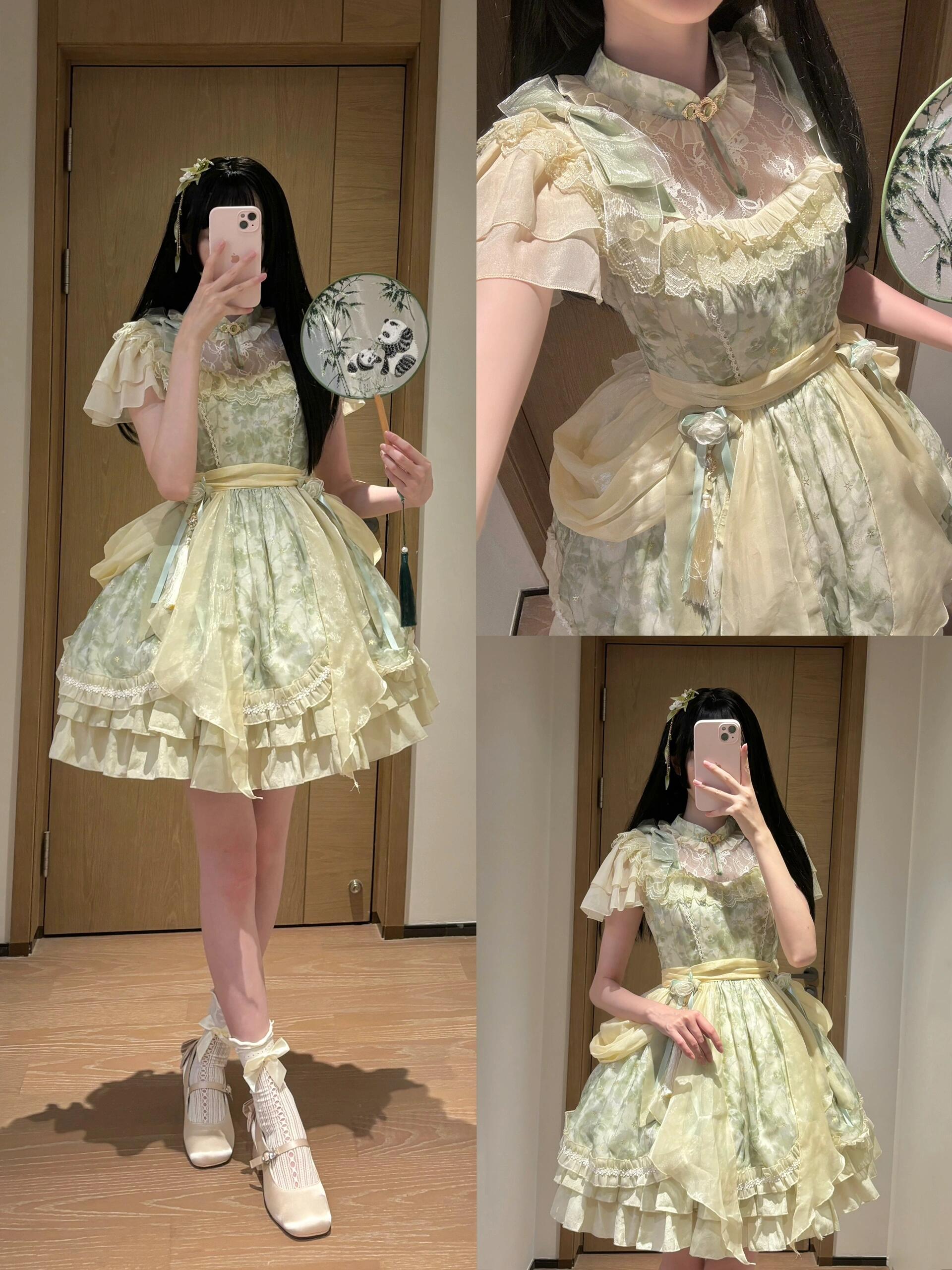 グリーンピーマン中華風ロリータスカートopロリータドレス国民風loスカートかわいい女の子