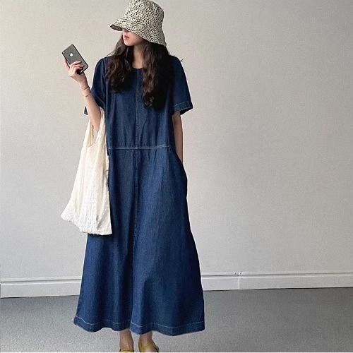 レディース ワンピース デニム デニムスカート ロングスカート ロング 長袖 ラウンドネック Aライン 切り替え ポケット アメカジ ウォッシュ ブルーデニム 大人可愛い シンプル カジュアル