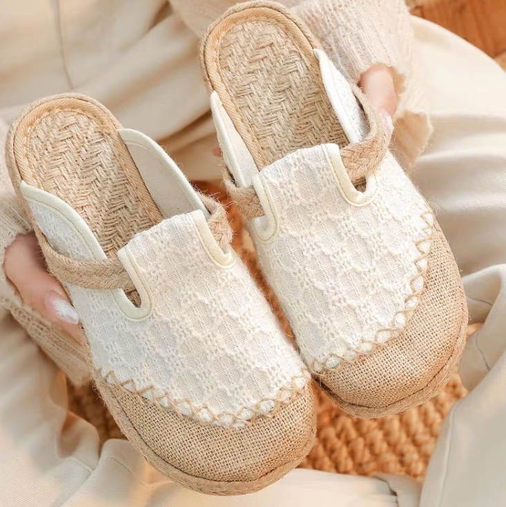 レディース スリッポン サンダル スリッパ フラットシューズ ぺたんこシューズ カジュアルシューズ ローヒール フラット ぺたんこ 2.5cm 刺繍 柔らかい 麻 透け感 リネン かわいい 大人可愛い