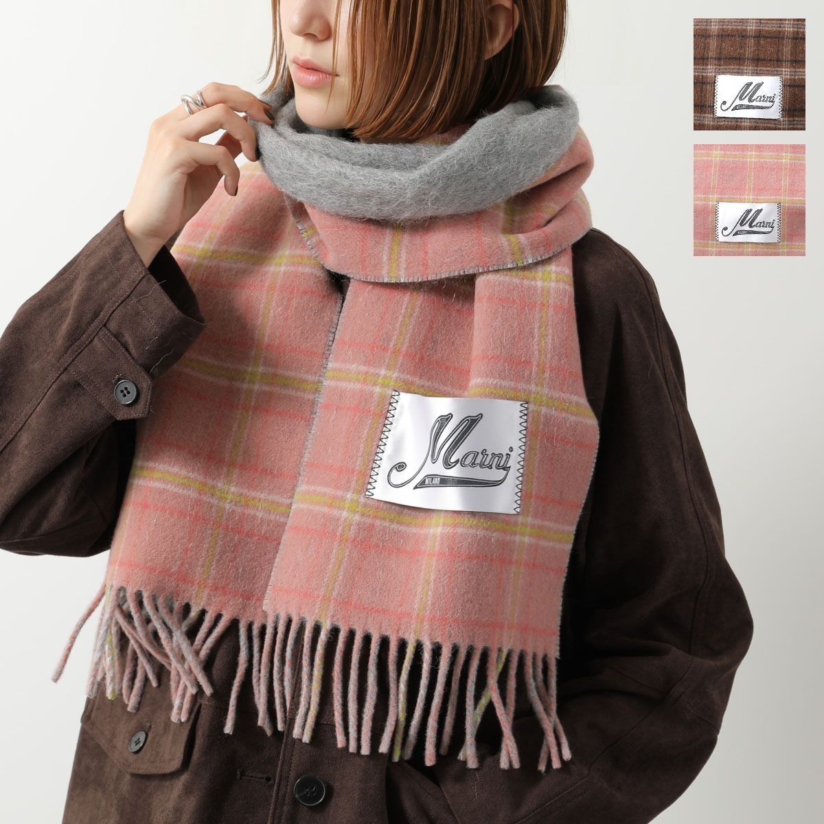 MARNI マルニ マフラー SCMC0144Y0 UAW060 レディース ストール フリンジ ロゴラベル チェック柄 ウールブレンド カラー2色