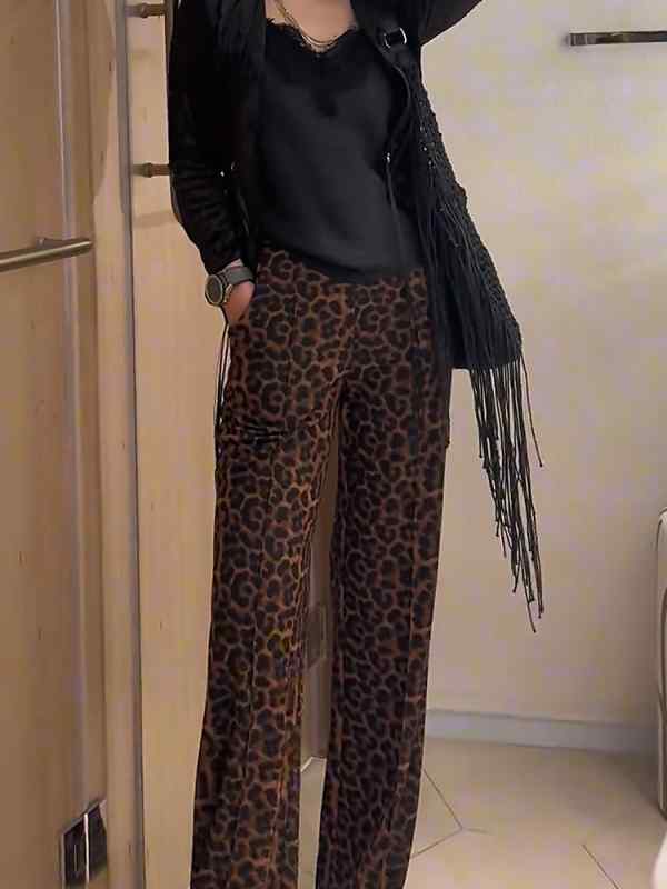 アメリカン ストリート ハイウエスト ヒョウ柄 ストレート レッグ ワイド カジュアル パンツ スリム