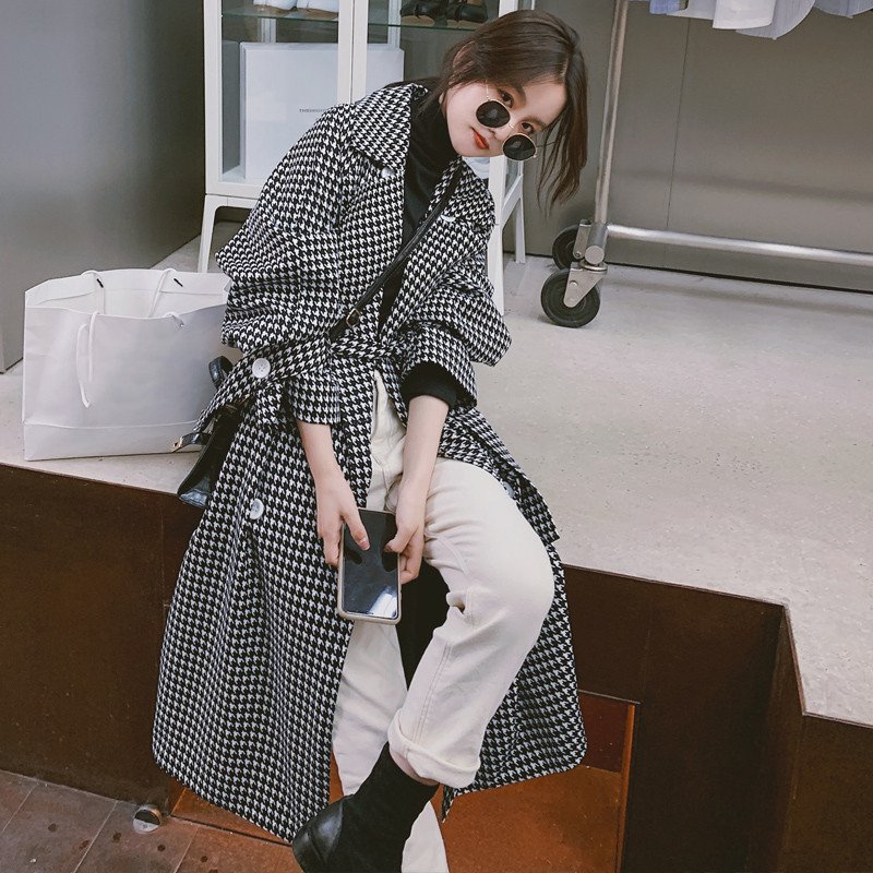 チェスターコート ダブルボタン レディース ベルト付き ラシャ グレンチェック 千鳥柄 ロングコート