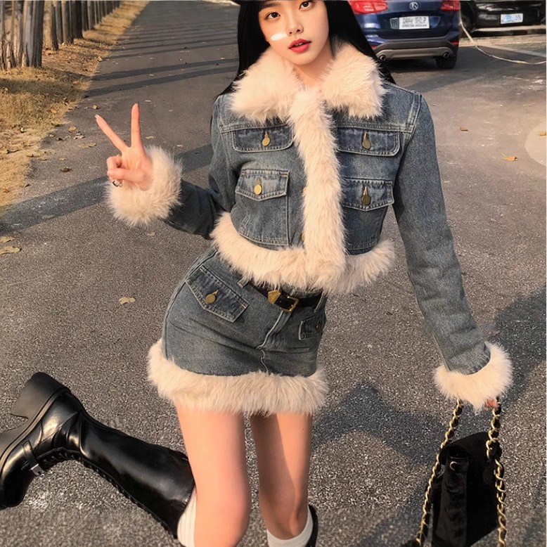 デニムスーツ齢軽減レトロ痩身ウエストショートジャケットホットガールショートボディ