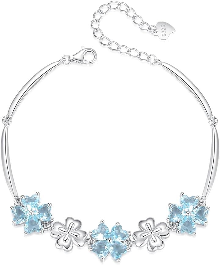 可愛い 人気 ハート女性ブレスレット シルバー925 幸せ 四つ葉 クローバー 3月 誕生石 合成アクアマリン 金属アレルギー対応( 3月 誕生石 合成アクアマリン)