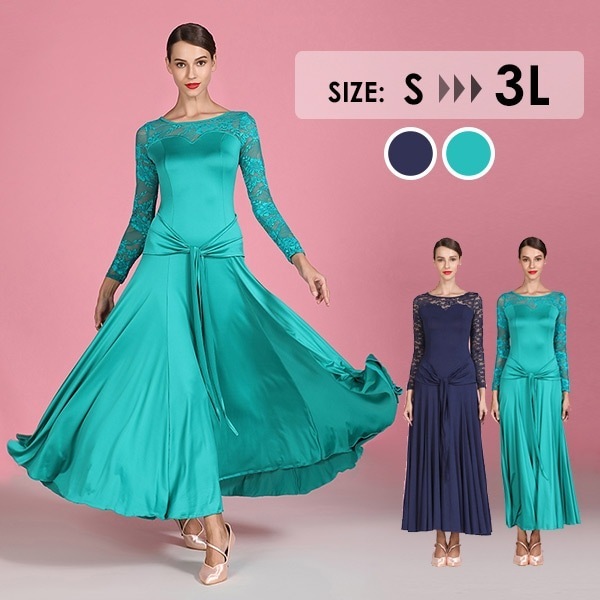 社交ダンス モダン ドレス 衣装 ラテン 練習着 スタンダード ワンピース ウェア チャチャ イベント 競技用 広がる裾 レディース ステージ ワルツ【S/M/L/XL/2XL】 グリーン ネイビー