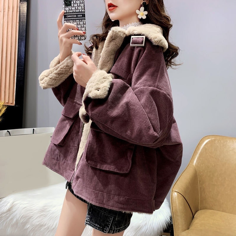 韓国ファッション ゆったり コーデュロイ アウター 秋冬 大きいサイズ ゆったり ジャケット トップス ショート丈 厚手 綿入れ 裏起毛 カジュアルコート