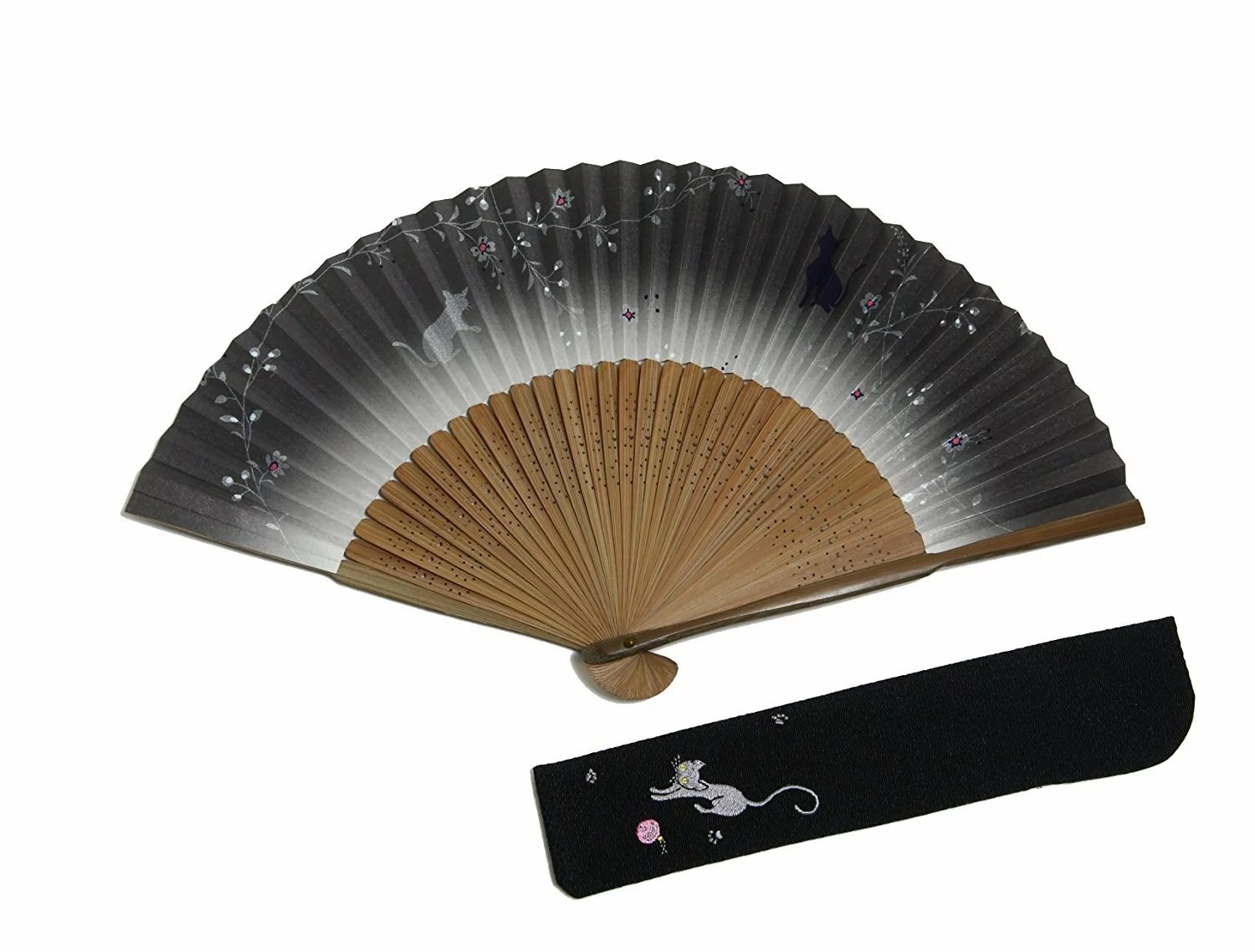 扇子 レディース 猫柄 黒 白 ケース 袋 かわいい きれい 京都職人 日本製 着物小物