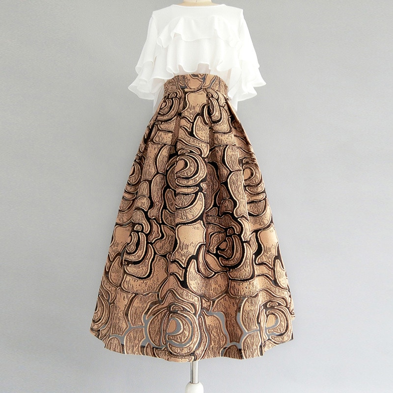 ゴールドフラワースカート Aラインスカート チュチュスカート レディース スカート ハイウエスト ミドル丈スカート a2428 5,382円