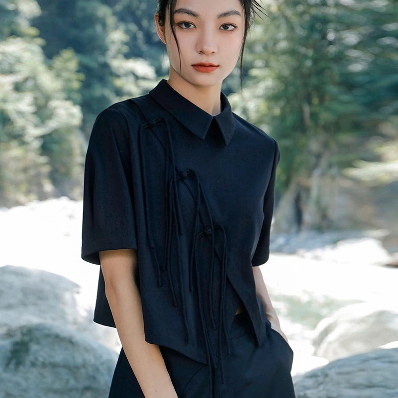 カットソー レディース 半袖 チャイナ風シャツ 夏 黒ブラウス 中華風トップス モダン フリンジ 不対称裾