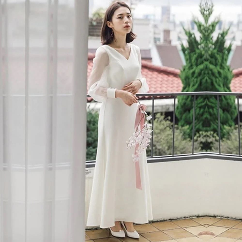 結婚式の新しいVネック長袖宴会気質イブニングドレスのウェディングドレス