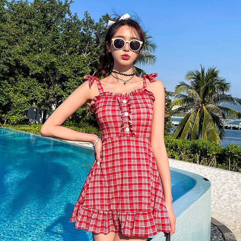 【1つ買うと10つ無料】ワンピース水着新しいファッショナブルなサスペンダーノースリーブと活気のある格子縞の女の子の水着水着