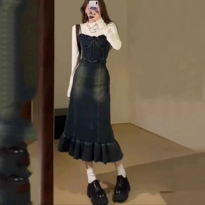 セットアップ 2点セット トップス カットソー ワンピース デニム キャミワンピ ハイネック 長袖 ジャンパースカート ミモレ丈 おしゃれ 大人 可愛い フリル マーメイド カジュアル フェミニン ベ
