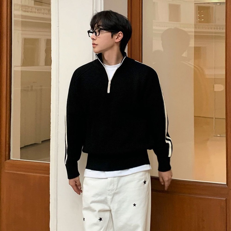 ハーフジップニットセーターメンズ秋冬通勤服韓国版ゆったりスタンドカラー風ジャンパー色の衝突