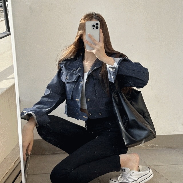 [ダークブルー/ブラックブルー]ツーポケット ボクシー デニム クロップ ルーズフィット デニムジャケット2color