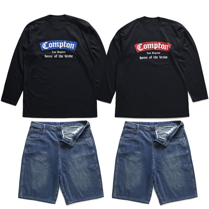 ACE FLAG 上下セット 長袖 ブランド ロンT デニム ハーフパンツ メンズ 全2種 大きいサイズ エースフラッグ セットアップ Compton コンプトン