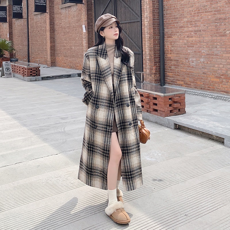古典的な遊び心のある格子縞のツイードコート2024新しい英国スタイルの気質綿サンドイッチロングニーツイードジャケット