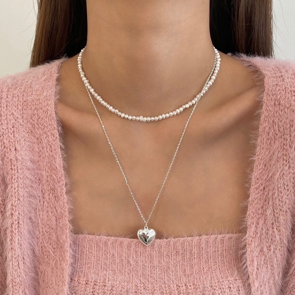 シルバー925 韓国 大人コーデハートロングネックレス