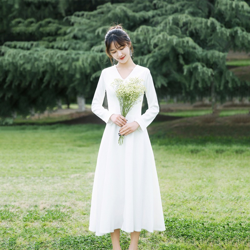 ウェディングドレス Vネック 二次会 長袖 結婚式 花嫁 ブライダル 演奏会 披露宴 ロング 袖あり ウエディングドレス 発表会 コンサート 大きいサイズ フォーマル 前撮り パーティードレス 海外挙