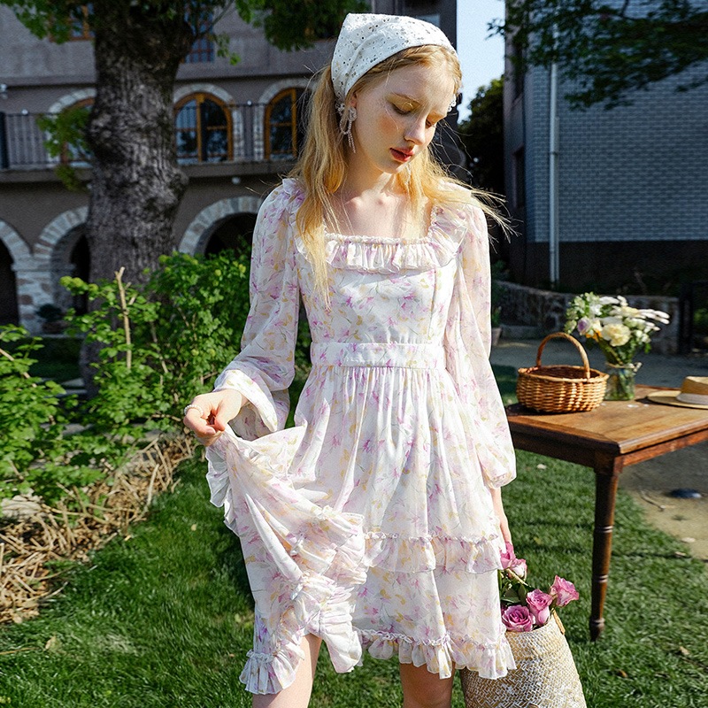 ランキング22 フリルスクエアネック花柄プリント長袖ワンピース プリント 柄ワンピ Size M 50 55kg Www Pulse Orange Cm