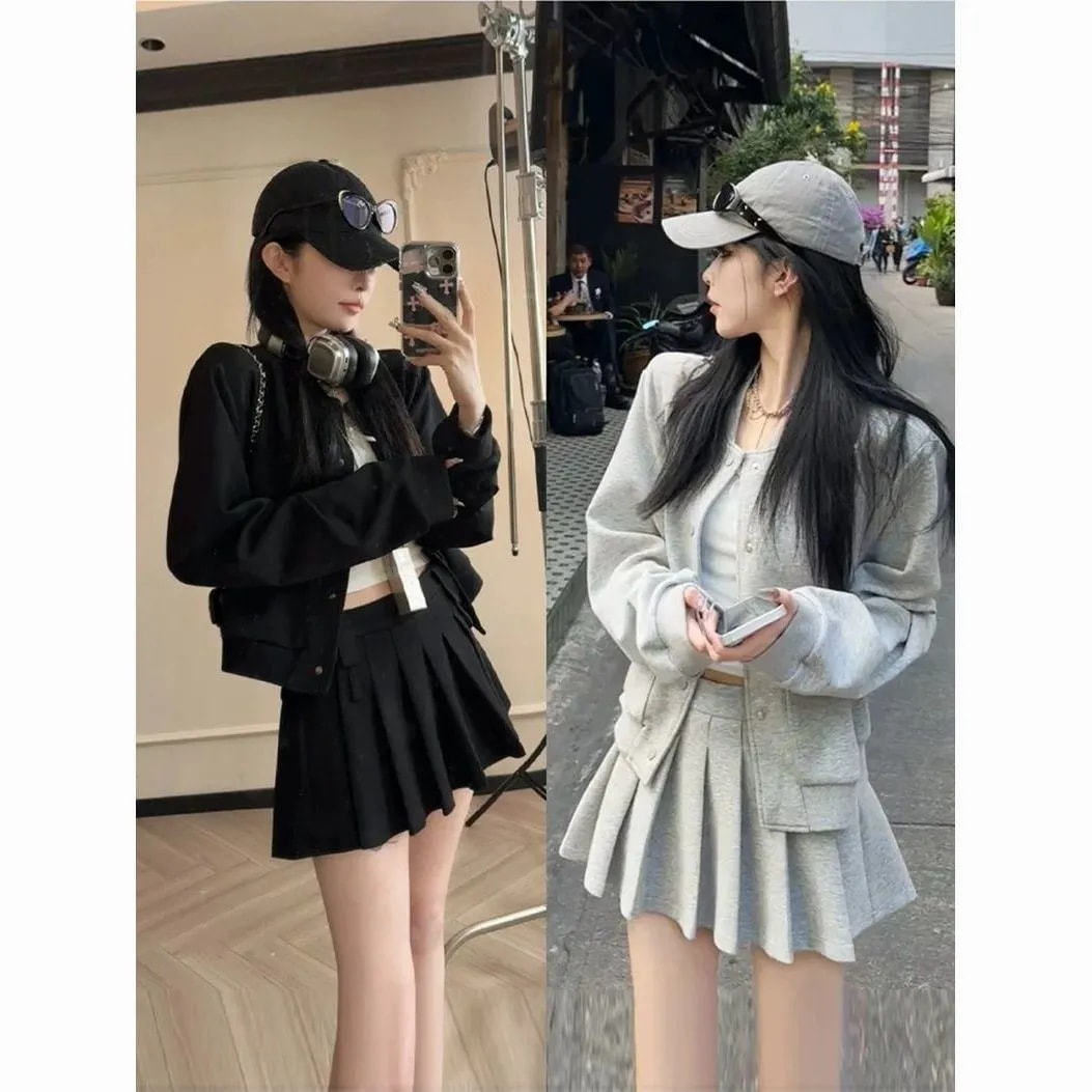 韓版のファッションのパーカーのスカートのスーツ女性2025春のアメリカのカジュアルな灰色のパーカー+プリーツのスカートの2点セット