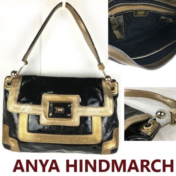 ANYA HINDMARCH/アニヤハインドマーチ　ワンショルダー/ハンドバッグ　レディース　黒×金　エナメル/レザー　purse　bag　管NO.yB15-38