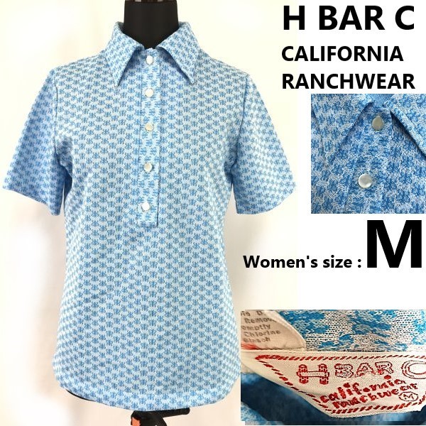 美品H BAR C CALIFORNIA RANCHWEAR半袖ポロシャツ【レディースM/蝶柄/blue/青】三角タグ70s-80s/Vintage/Western/Tops/ShirtssBH950