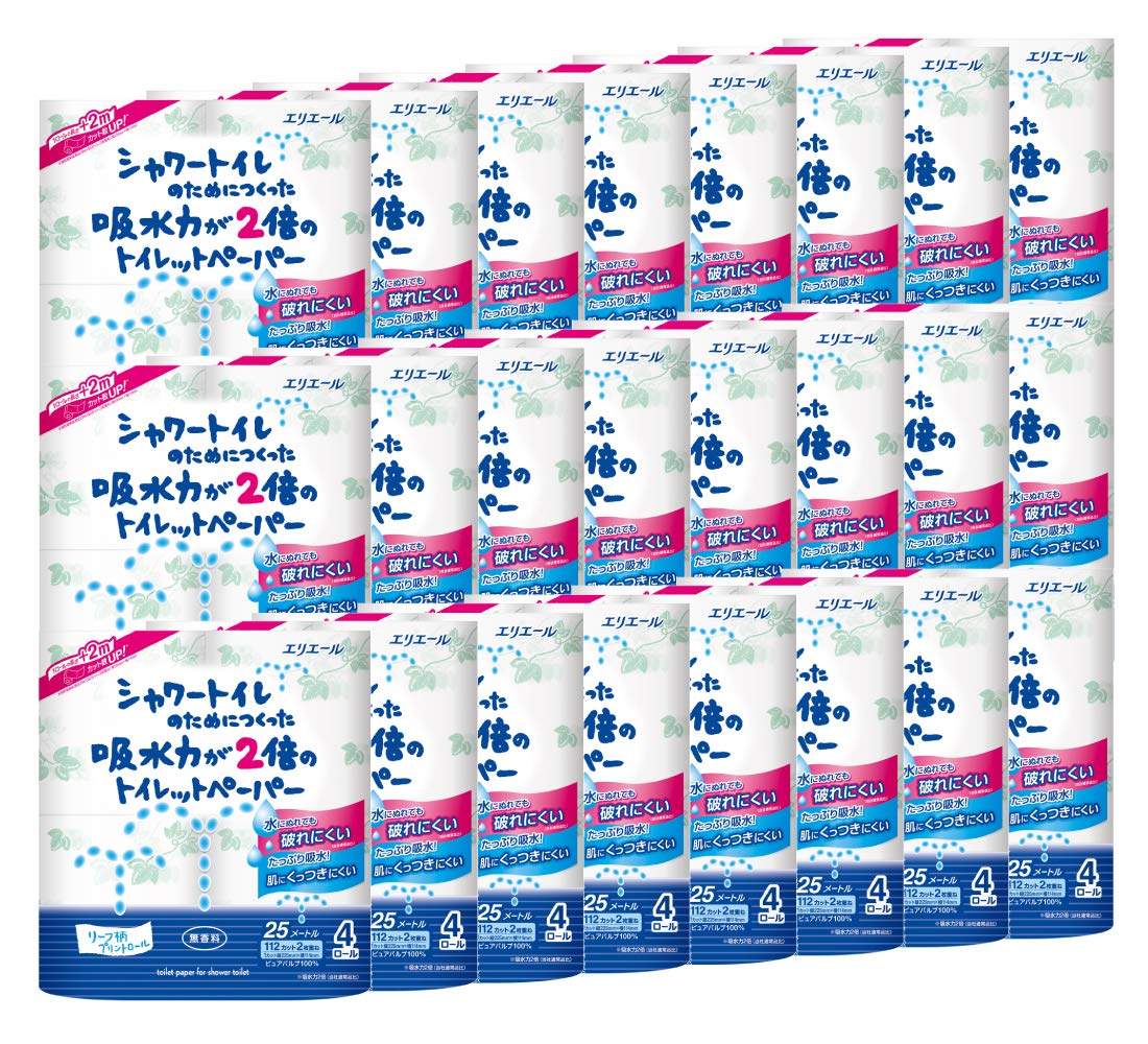 エリエール シャワートイレのためにつくった吸水力が2倍のトイレットペーパー 25m(112シート)×96ロール(4ロール×24パック)ダブル パルプ100% 【ケース販売】