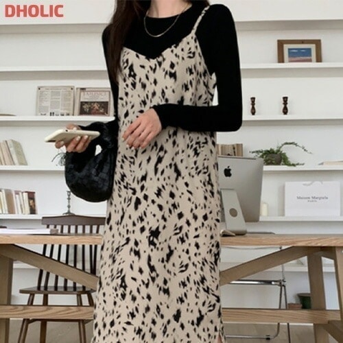 [メガ割りSALE]レオパードVネックスリットキャミワンピース