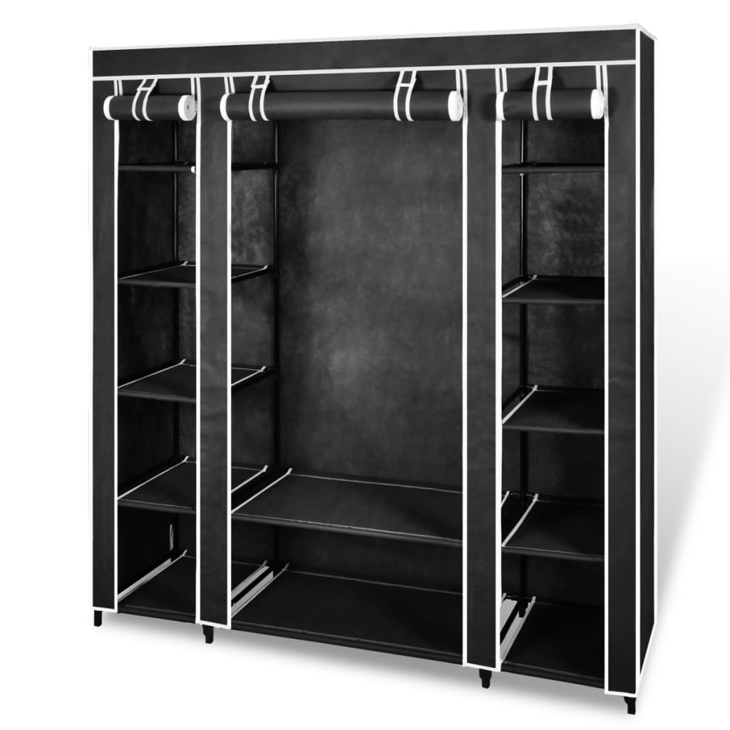 ワードローブ 布製 コンパートメント＆吊り下げ棒付き 45x150x176cm ブラック