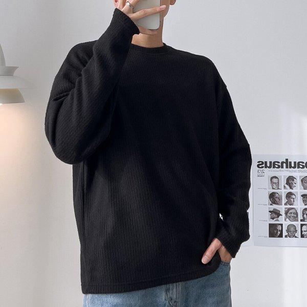 メンズ リブ編み ルーズフィット 裏起毛 ラウンド Tシャツ 5C-TSK-Q107-ブラック