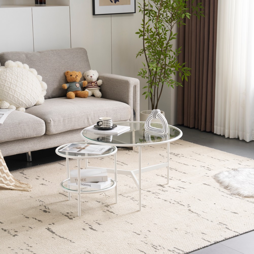 【311】【新作登場】ネストテーブル 2点セット センターテーブル 丸型 ガラステーブル ガラス天板 クリア おしゃれ 収納付き 直径70/40cm 北欧 カフェテーブル【ホワイト】
