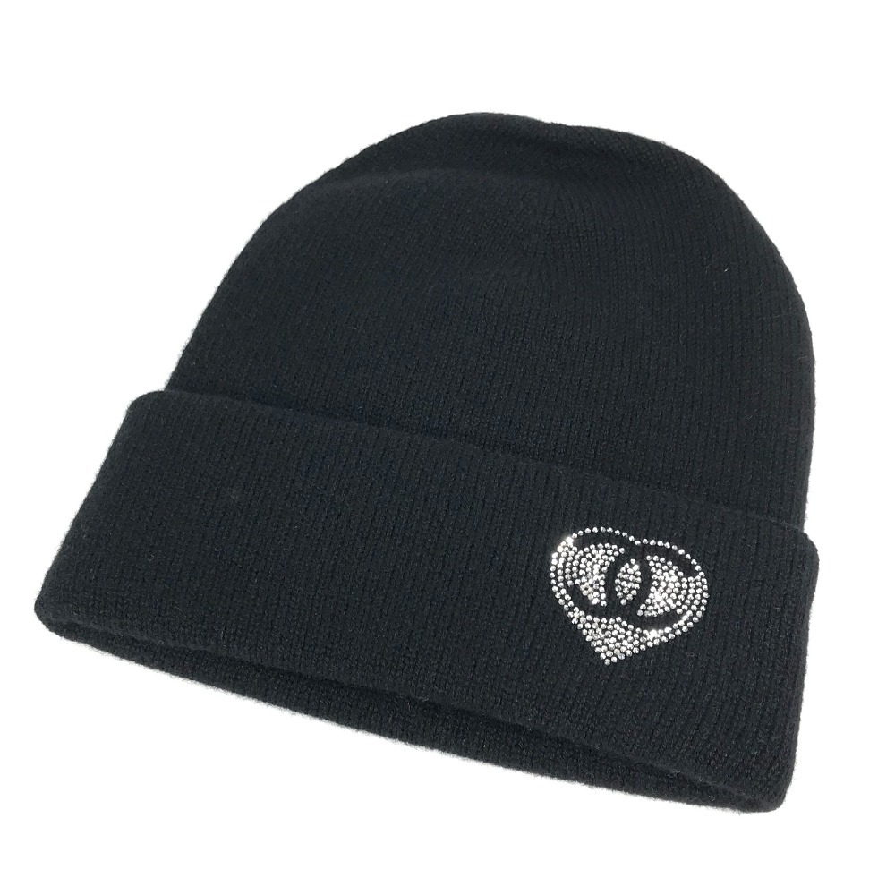 ニット帽 AAA739 ハート ラインストーン CC ココマーク ロゴ ビーニー 帽子 ニット帽 ニットキャップ カシミヤ ブラック