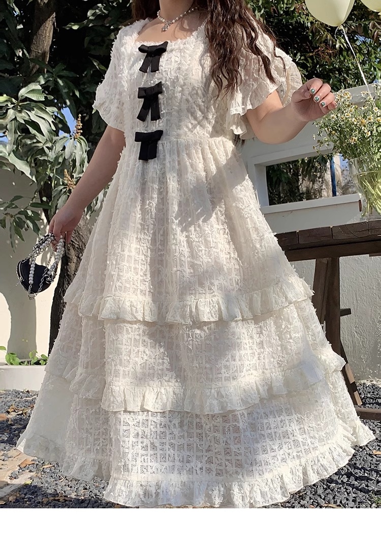 ドレス 大きいサイズ ホワイト フレンチ レトロちょう結び 個性的 ワンピース ロング ロング丈 袖あり 半袖 5分袖 五分袖 スクエアネック 襟なし かわいい 大人可愛い 大人 おしゃれ お洒落
