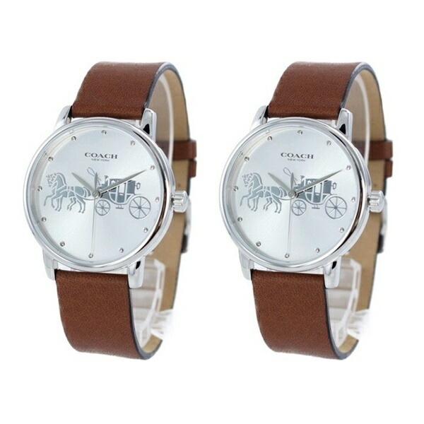 【ペアBOX付き】コーチ 腕時計 手表 ペアウォッチ お揃い ボーイズペア 同サイズ Grand グランド シルバー ブラウン レザー 革 シンプル 1450349514503495 誕生日プレゼント