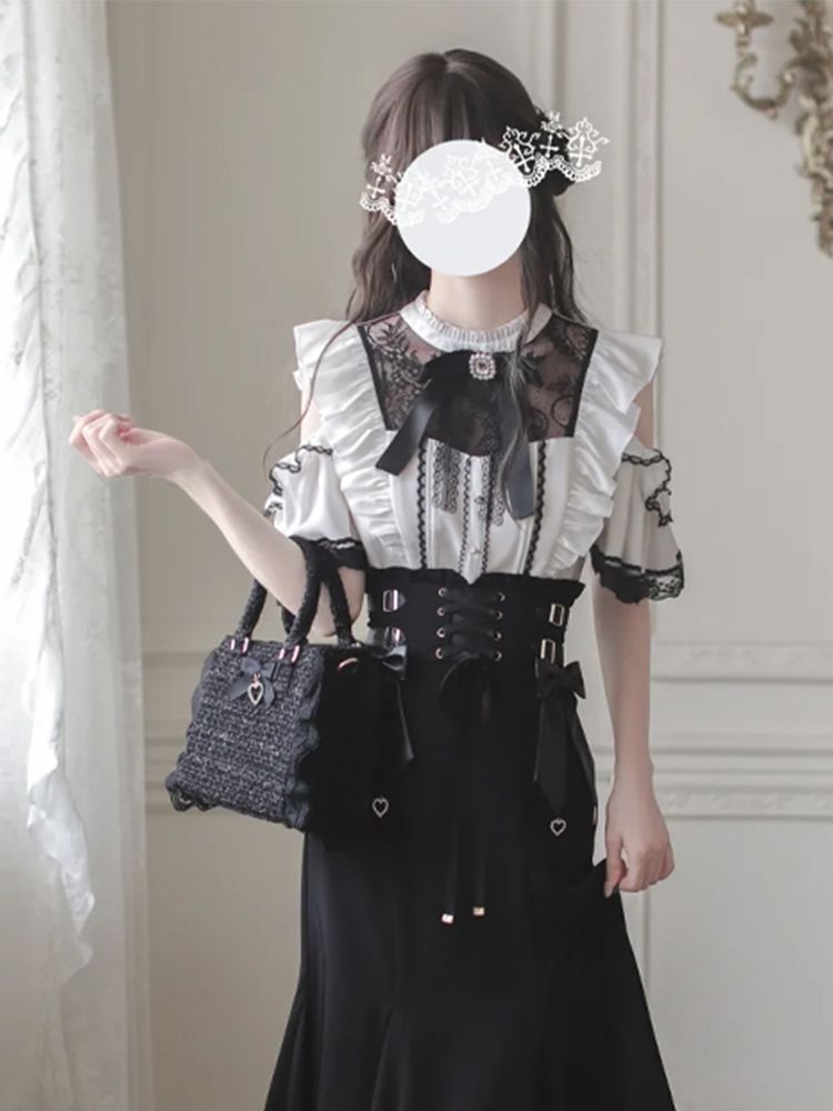 【急速発送】無.料 量産型地雷系ダーク系少女の白黒レースデコルテシャツ+ハイウエスト半身スカートの2点セット 7,916円