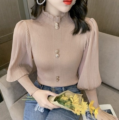 お上品プリーツ長袖ブラウス 長袖 ブラウス トップス Tシャツ シャツ ブラウス 袖あり 長袖 パフスリーブ プリーツ ハイネック ストレート Iライン シフォン リボン かわいい 可愛い