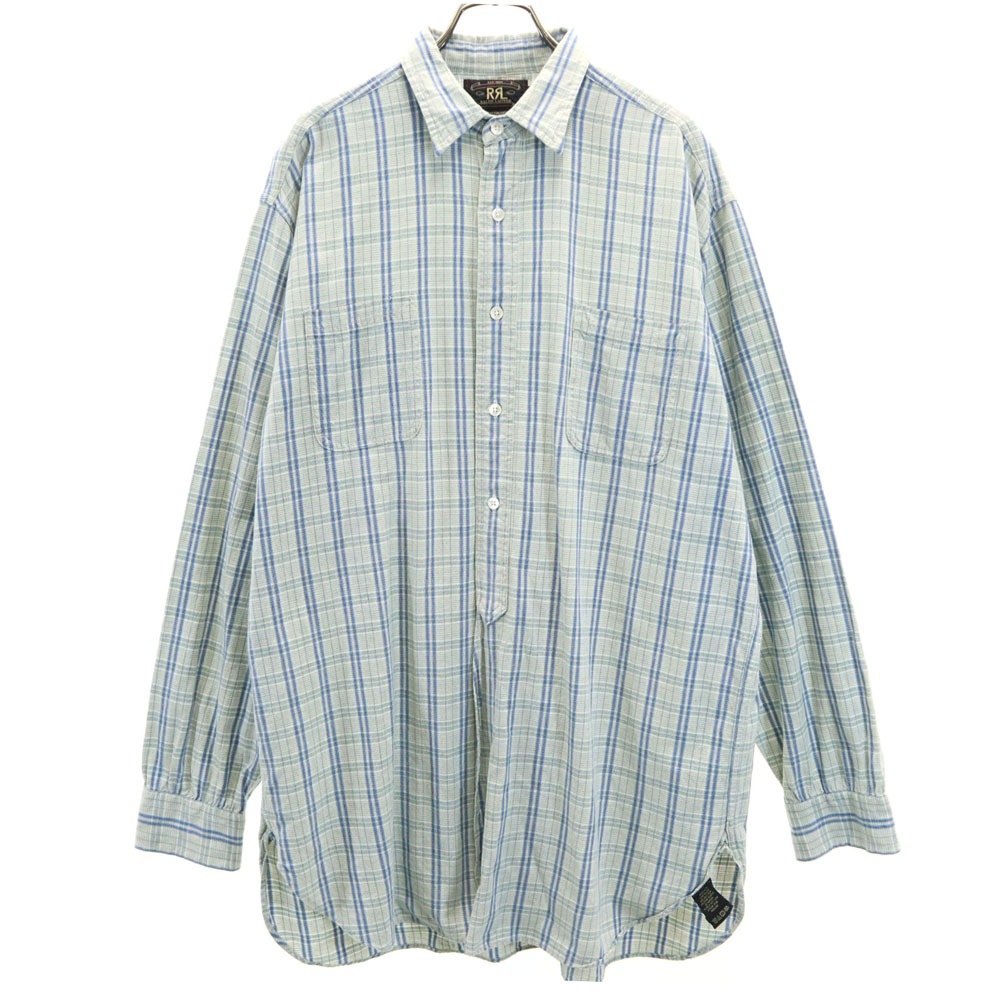 RRL 90s 初期タグ 赤3星 オールド チェック柄 長袖 ハーフボタン シャツ M ブルー系 ダブルアールエル RALPH LAUREN メンズ
