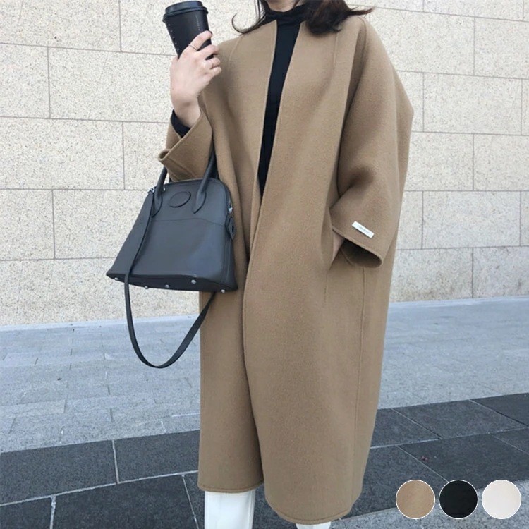 コート レディース ロングコート アウター セミロング丈 ガウン 秋 冬 秋冬 ポケット エレガント シンプル ストレート おしゃれ ノーカラー