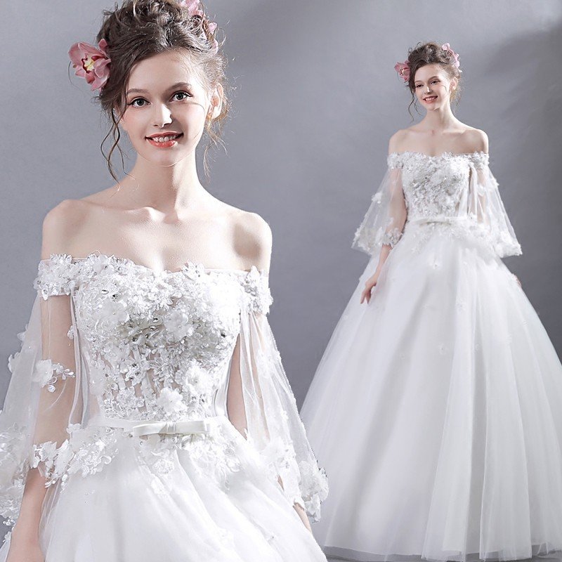 ウエディングドレス 二次会 ウェディングドレス 安い 結婚式 プリンセス 長袖 エンパイア 花嫁 ドレス 披露宴 ロングドレス ブライダル 白 サッシュベルト